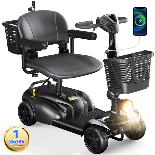 Black mobility scooter with basket and smartphone on a white background
