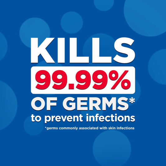 Text on a blue background claiming to kill 99.99% of germs to prevent infections.

