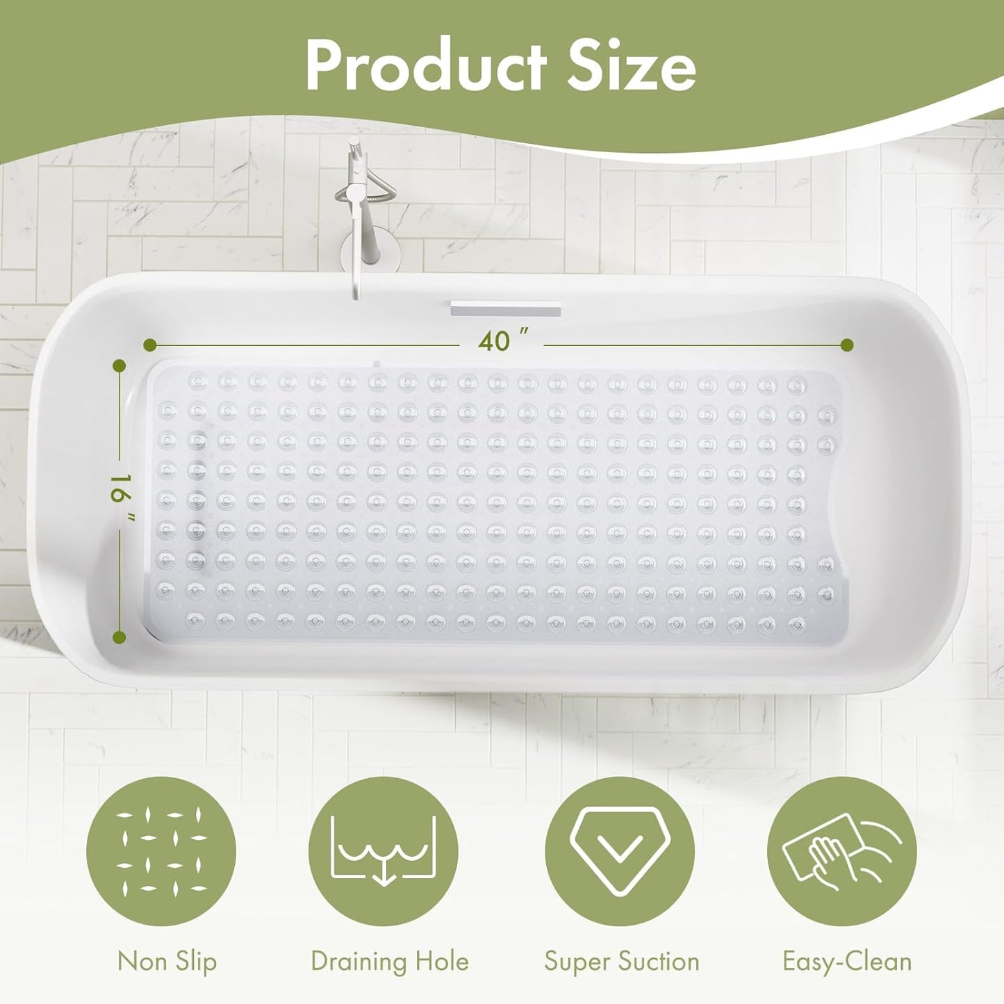 Rectangular bath mat with dimensions and features on a white background

