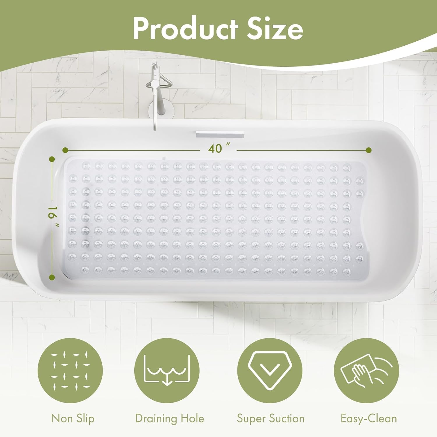 Rectangular bath mat with dimensions and features on a white background

