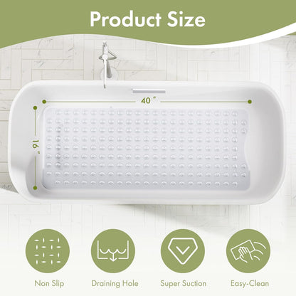 Rectangular bath mat with dimensions and features on a white background

