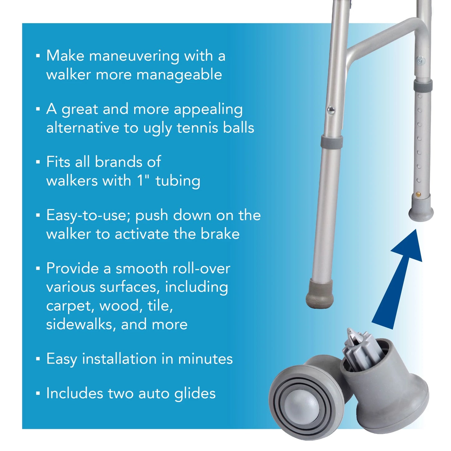 Walker with auto glides on a blue background with text describing features