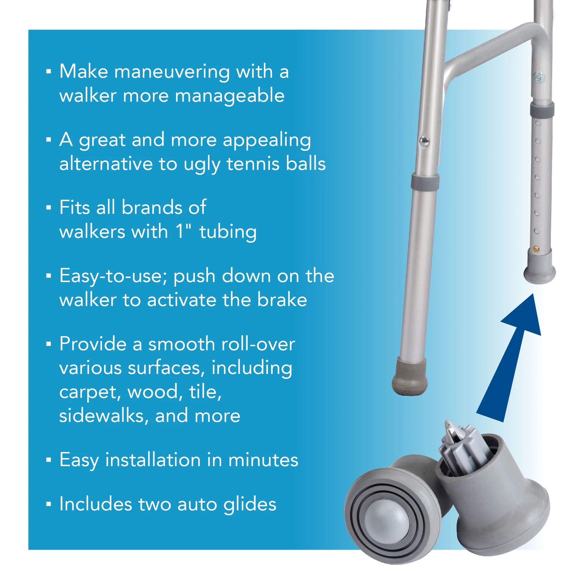 Walker with auto glides on a blue background with text describing features