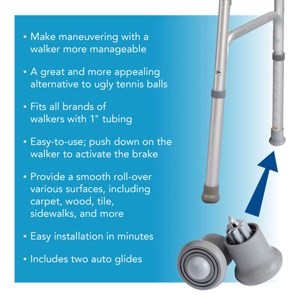 Walker with auto glides on a blue background with text describing features