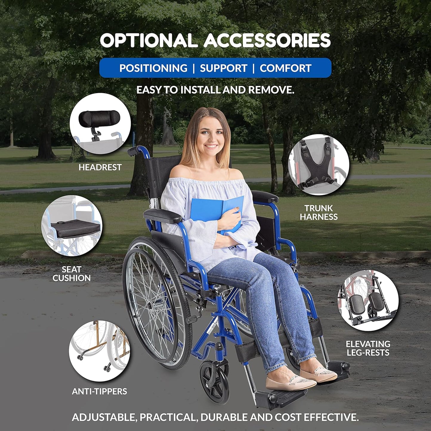 Woman in a wheelchair with optional accessories displayed around her, outdoors.