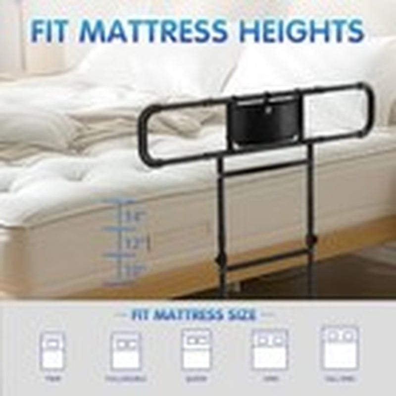Bed rail with mattress height measurement guide on a bed


