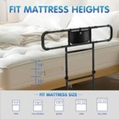 Bed rail with mattress height measurement guide on a bed

