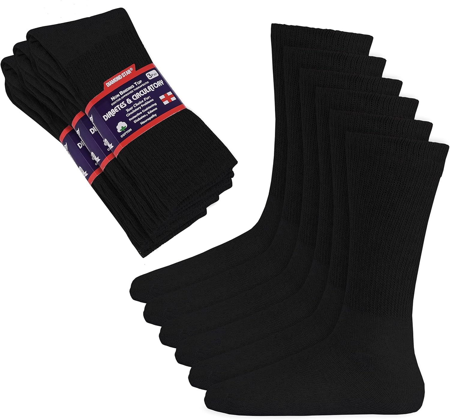 Pack of black socks with a brand label on a white background