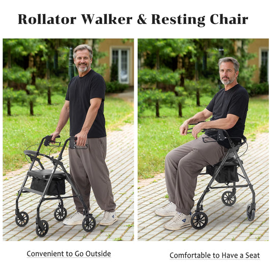 Rollator walker and resting chair with a man using it outdoors.

