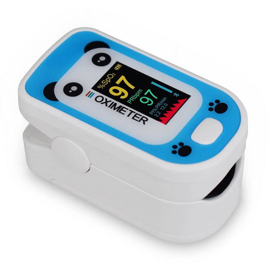 Finger oximeter with digital display on a white background