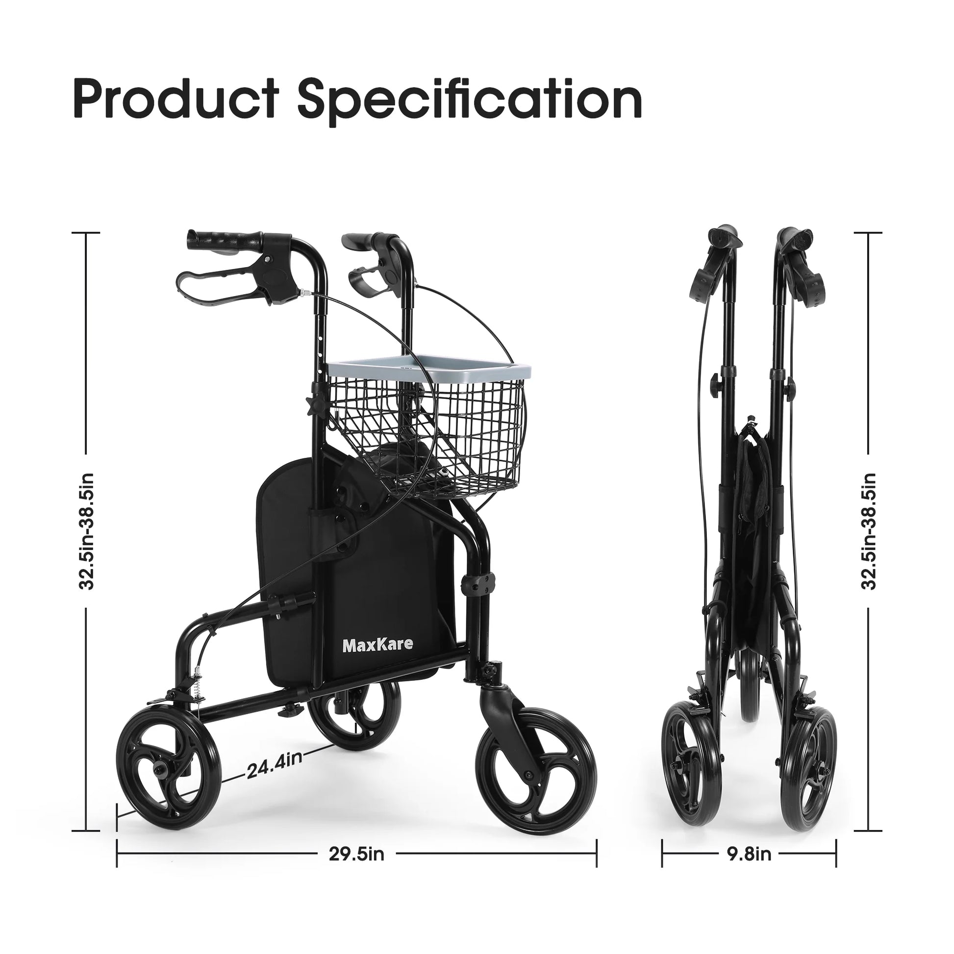 Black MaxKare rollator with dimensions on a white background
