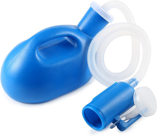 Blue and white urinal on a white background

