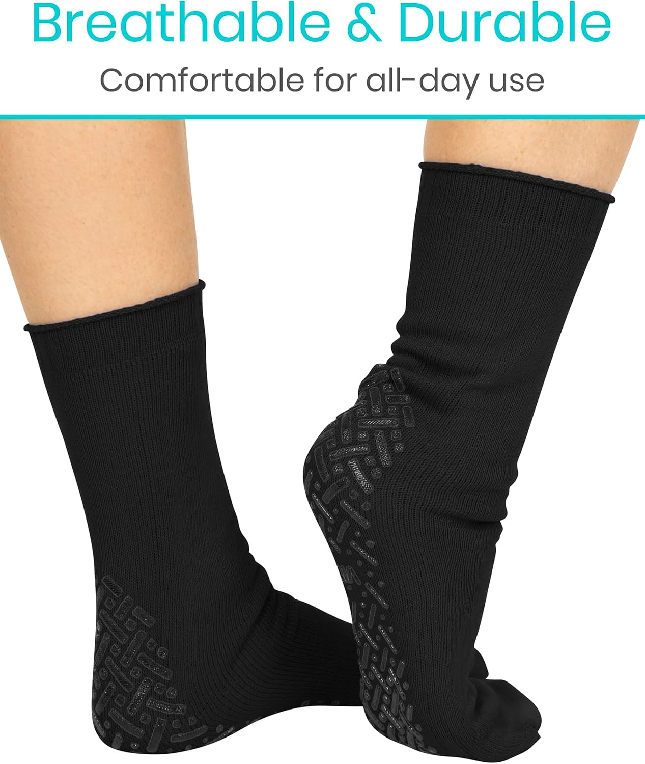 Black socks with textured sole on feet, text 'Breathable & Durable, Comfortable for all-day use' above.