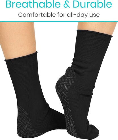 Black socks with textured sole on feet, text 'Breathable & Durable, Comfortable for all-day use' above.