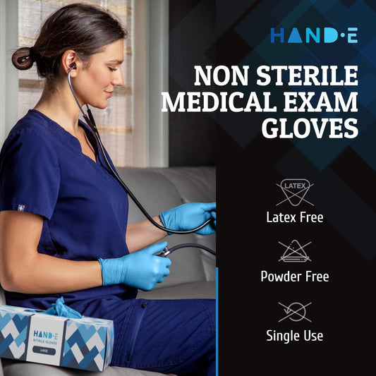 Hands wearing Hand-E Touch black nitrile gloves. Ideal for medical exams, food prep, and cleaning tasks.