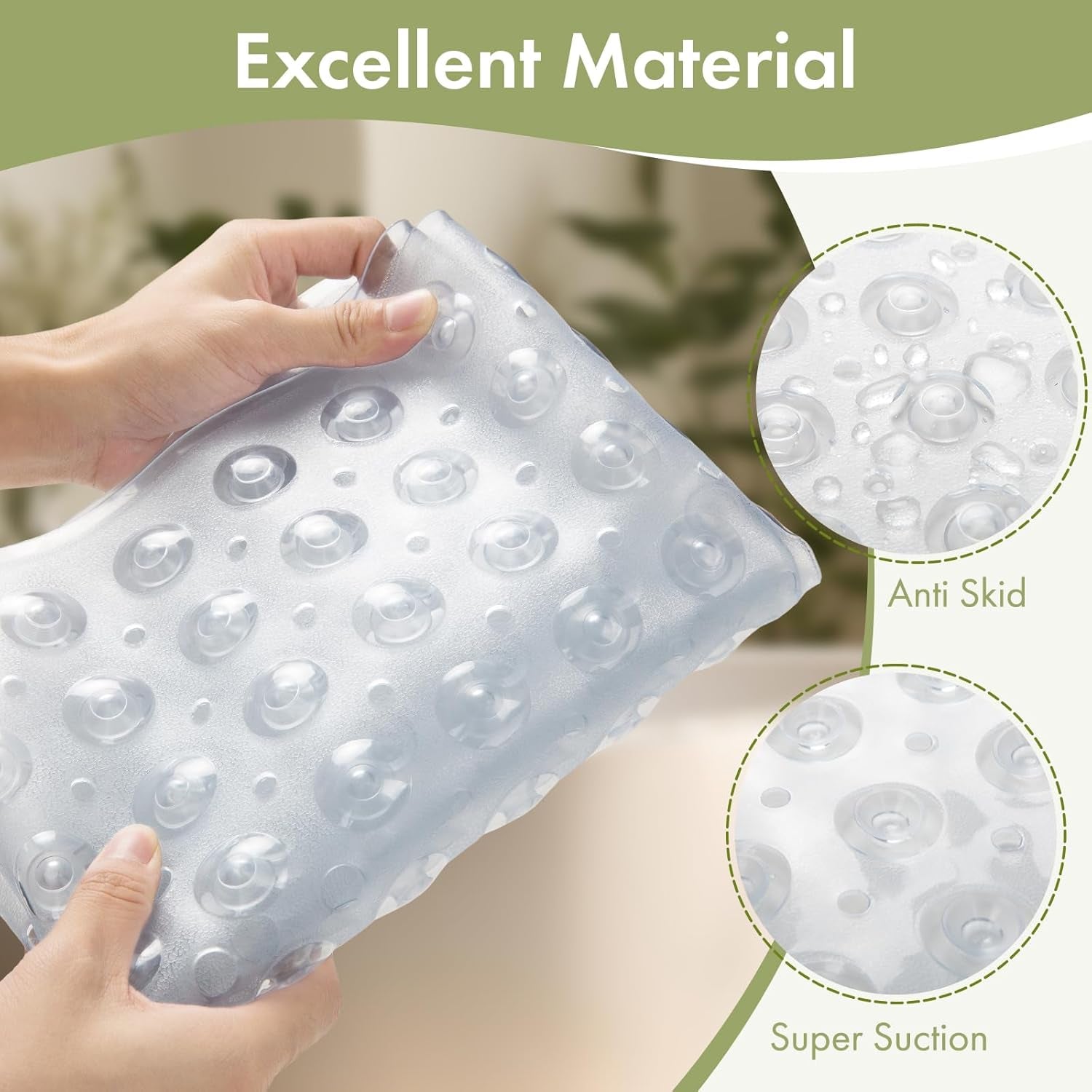 Silicone mat with anti-skid and super suction features, held by a hand.

