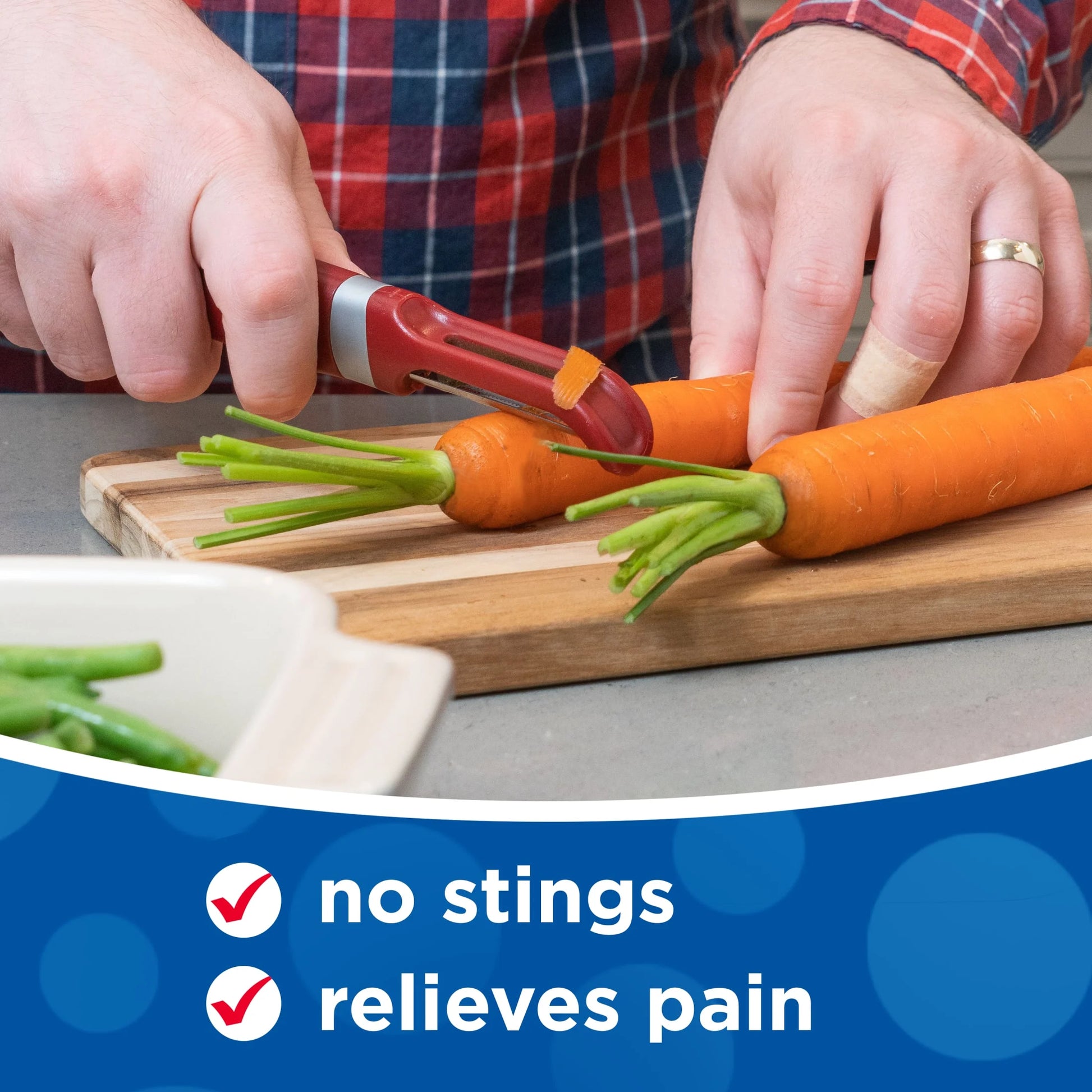 Person peeling carrots with a vegetable peeler on a cutting board, with text about relief from stings and pain.


