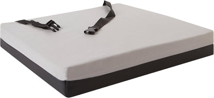 Mattress topper with black straps on a white background

