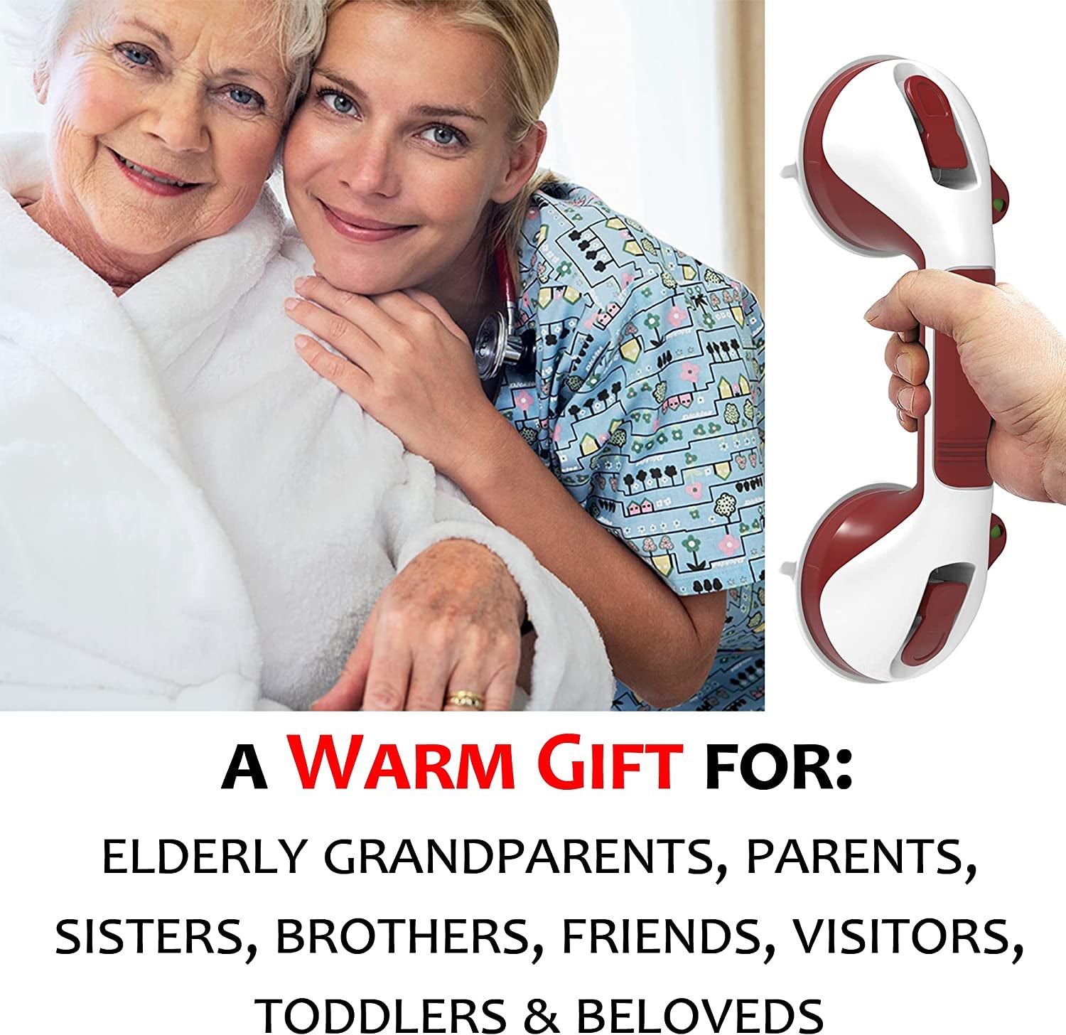 Woman in scrubs holding an elderly person, with a close-up of a red and white device, and text about a warm gift for various recipients.