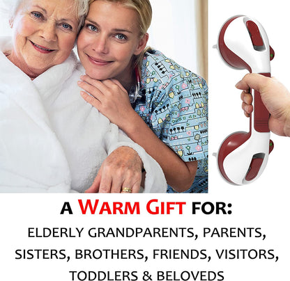 Woman in scrubs holding an elderly person, with a close-up of a red and white device, and text about a warm gift for various recipients.
