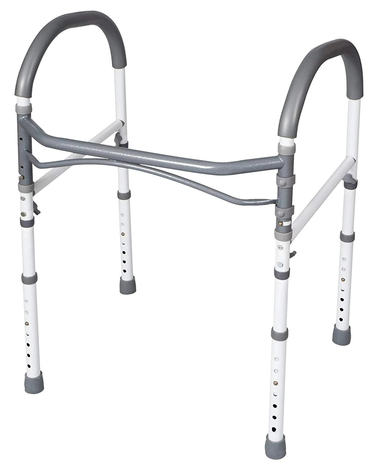 Carex toilet safety rails with adjustable frame and padded handles. Supports up to 300 lbs for secure bathroom mobility and sit-to-stand assistance.