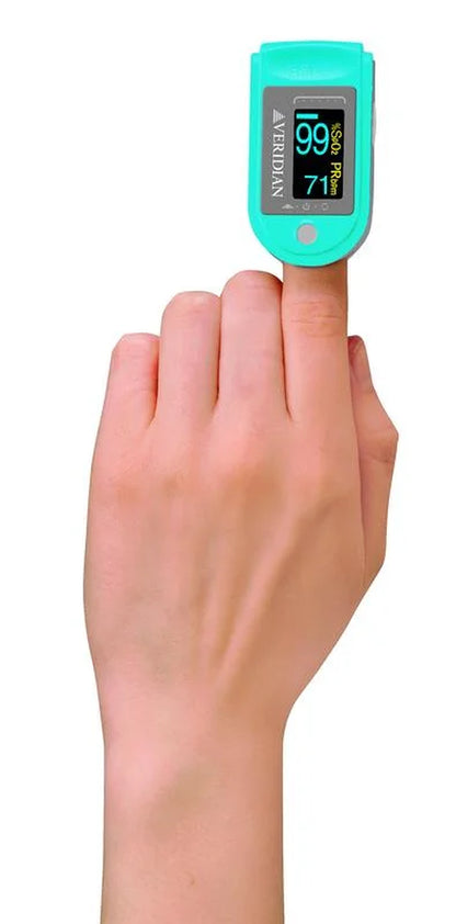 Finger pulse oximeter on a person's finger with a white background

