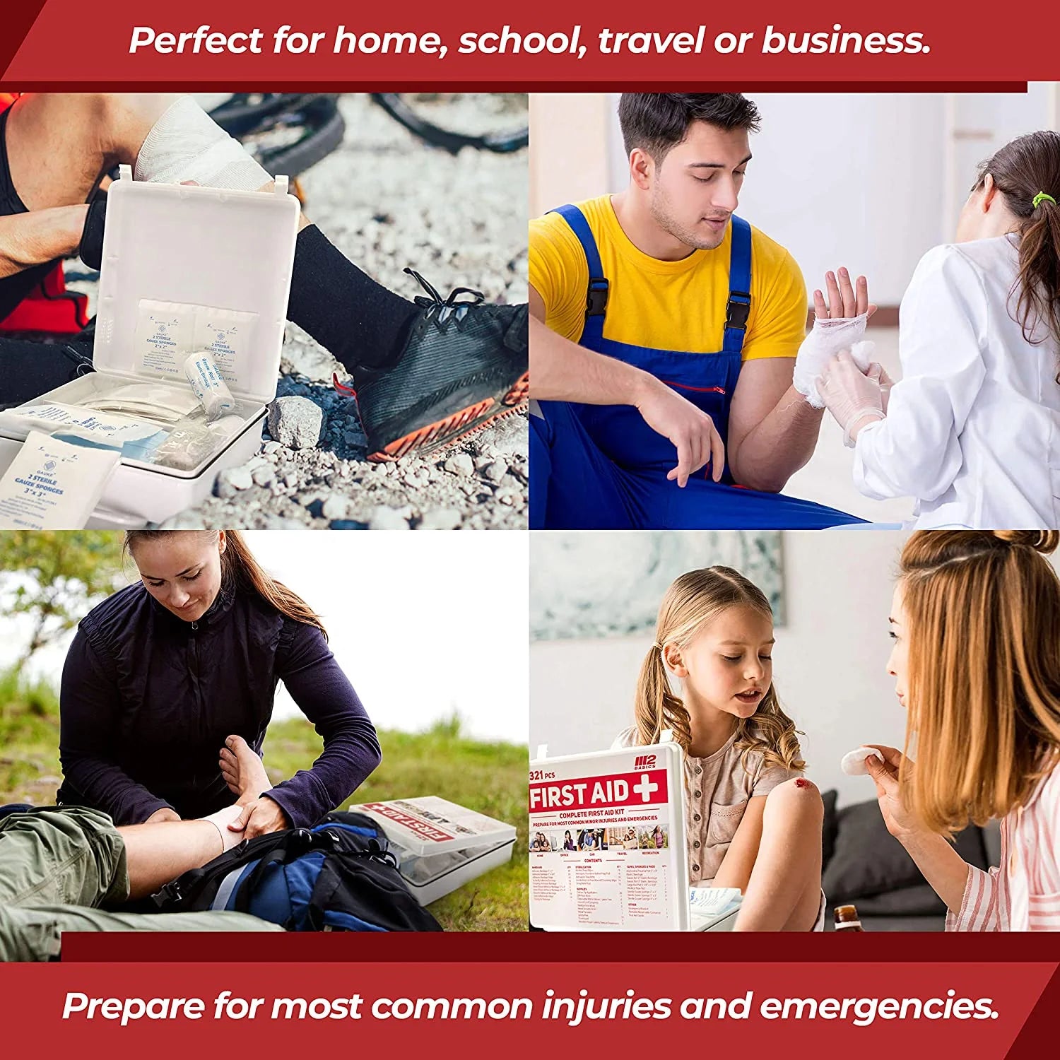 First aid kit and people using it in various scenarios with text about its use.

