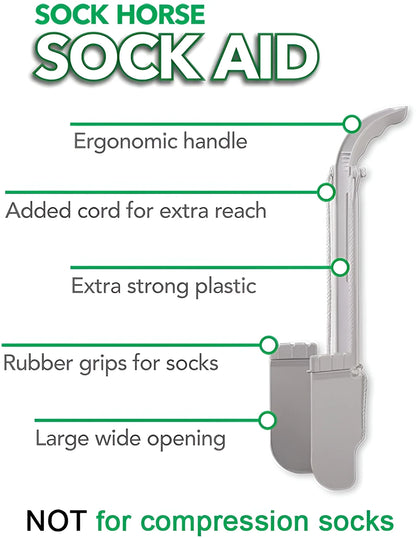 Close-up of Sock Horse Sock Aid showing contoured grips and extended handle for comfortable, independent dressing.