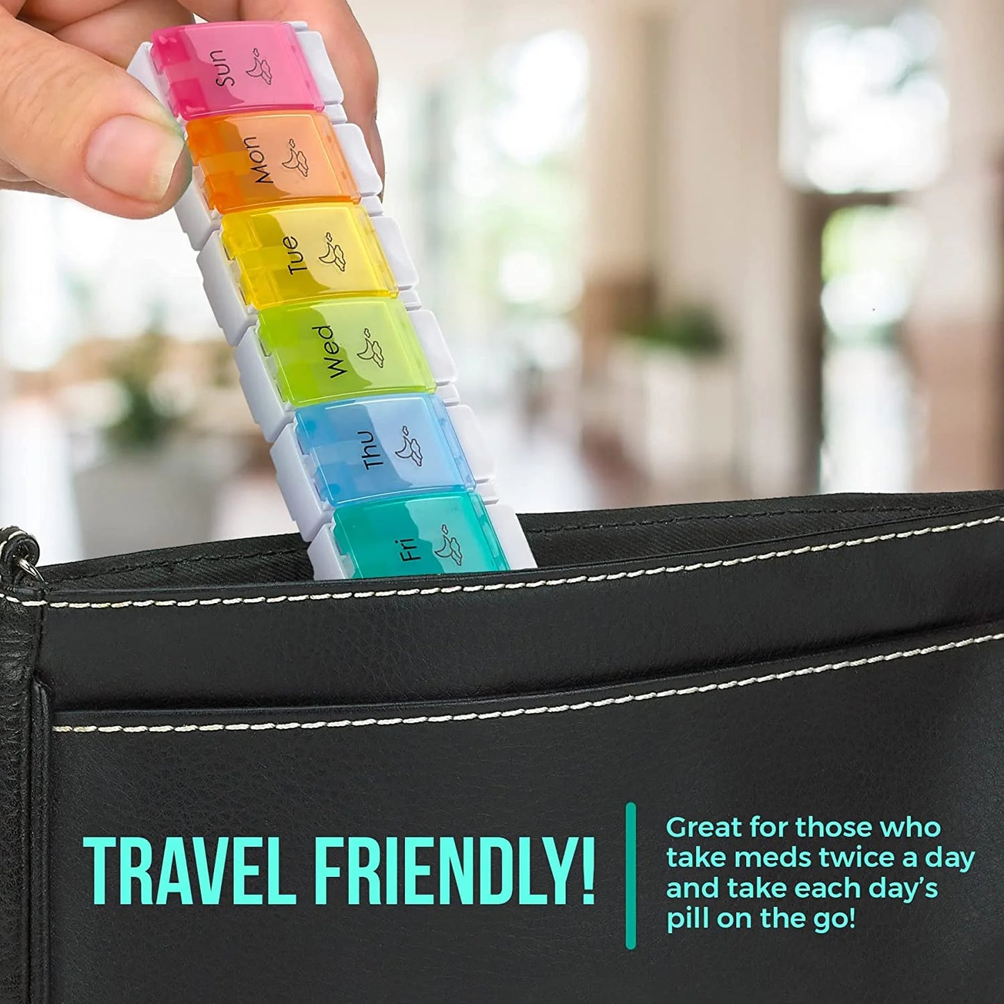 Colorful pill organizer being placed into a black bag with text highlighting its travel-friendly design.

