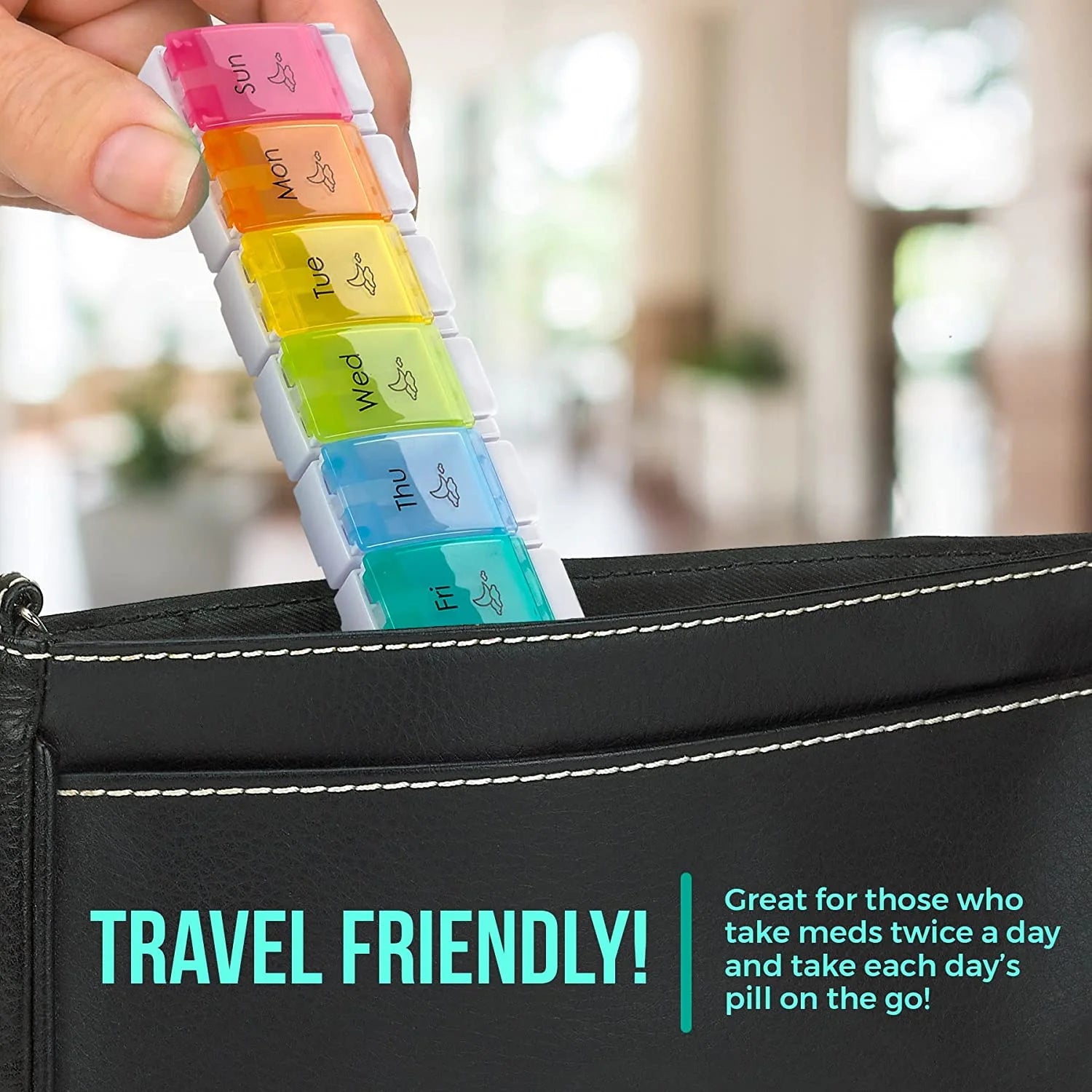 Colorful pill organizer being placed into a black bag with text highlighting its travel-friendly design.

