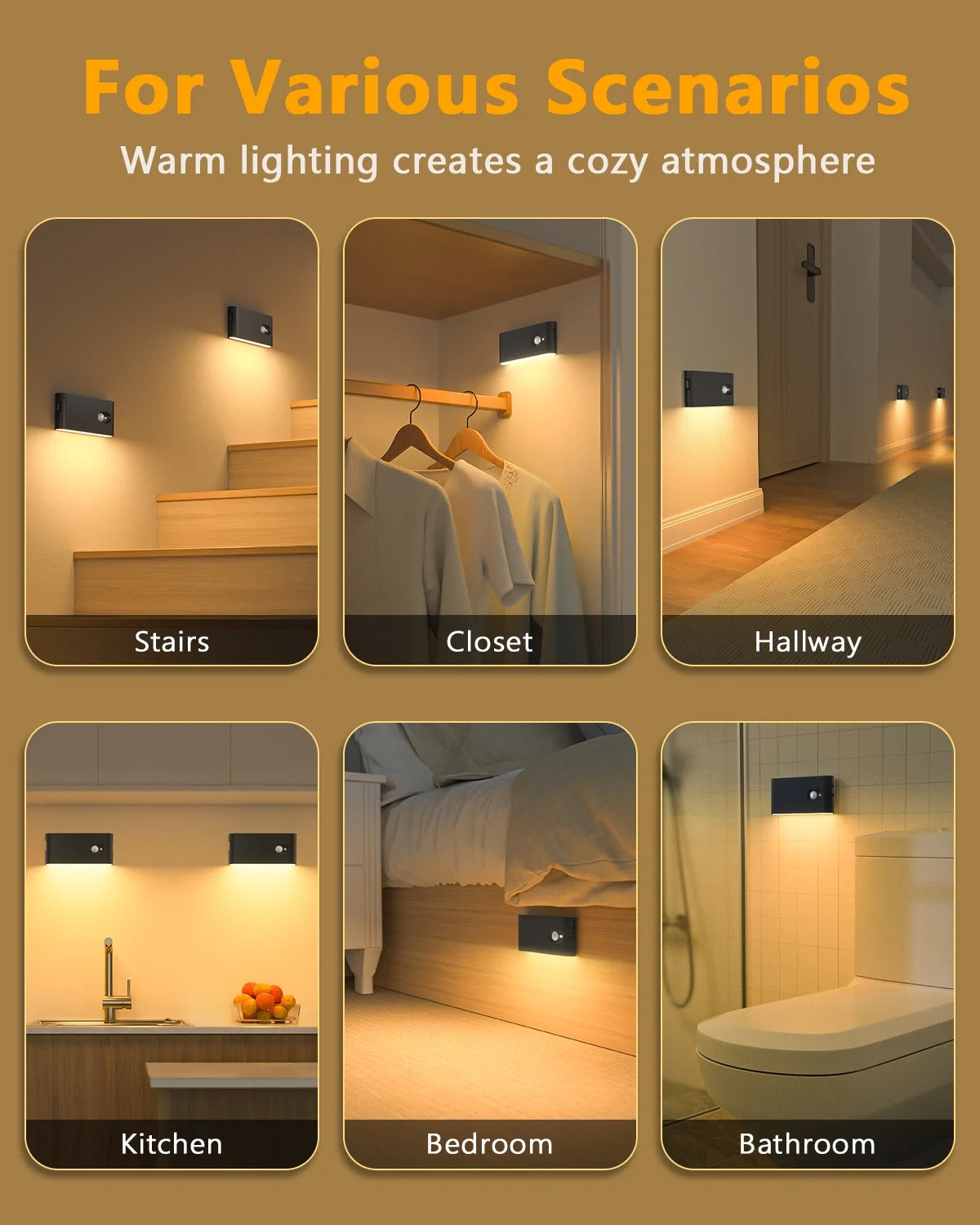 Stair Lights Indoor, Rechargeable Motion Sensor Night Lights, Battery Operated, Warm White, Wireless Stick on Light for Hallway Entry Stairs Bathroom Kitchen Garage Laundry, 6 Pack