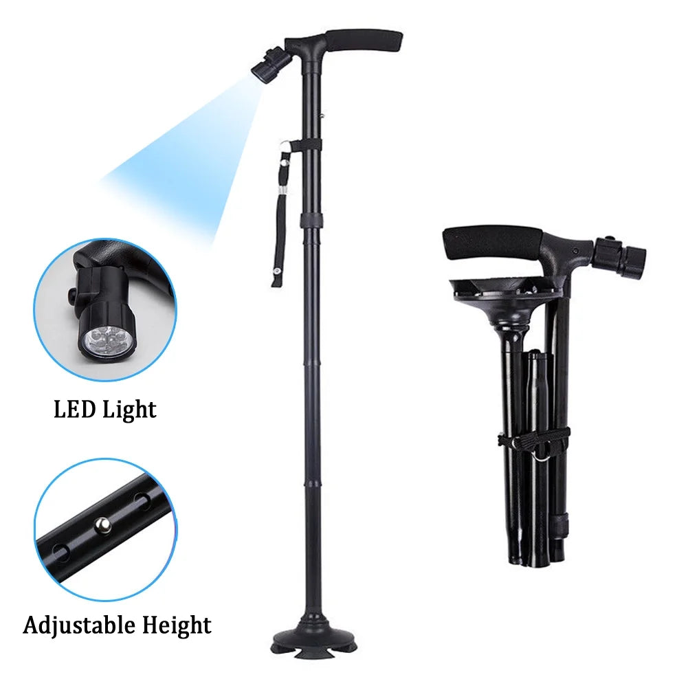 Black adjustable walking cane with LED light feature on a white background

