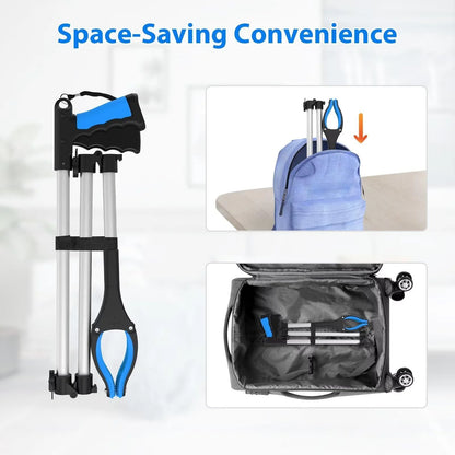 Space-saving trolley with blue accents, shown in use and packed.