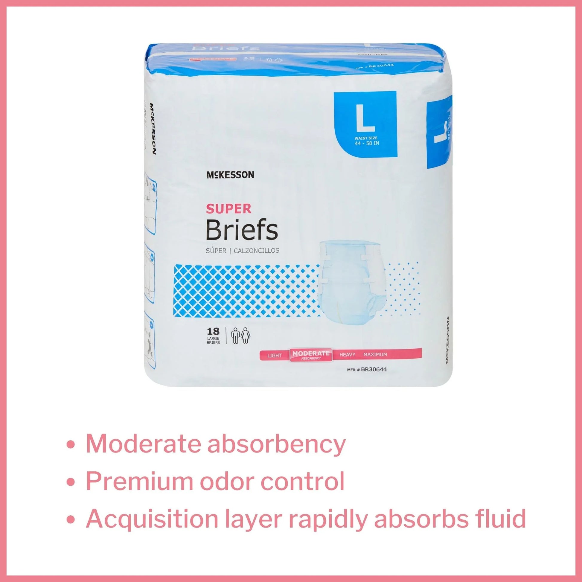 Super Briefs, Incontinence, Moderate Absorbency, Large, 18 Count, 4 Packs, 72 Total