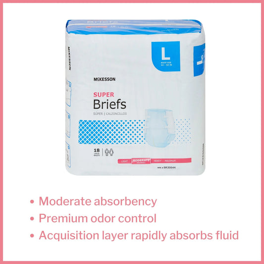 Super Briefs, Incontinence, Moderate Absorbency, Large, 18 Count, 4 Packs, 72 Total
