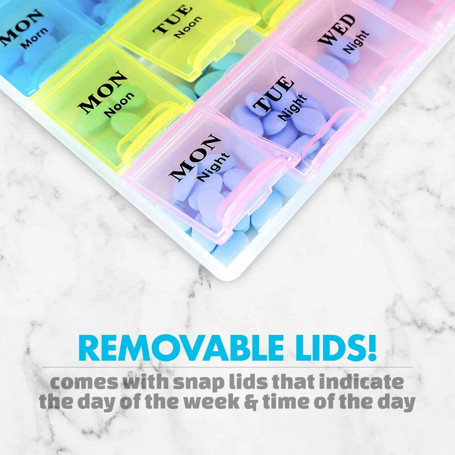 Multicolored pill organizer with snap lids indicating days of the week and times on a marble surface.

