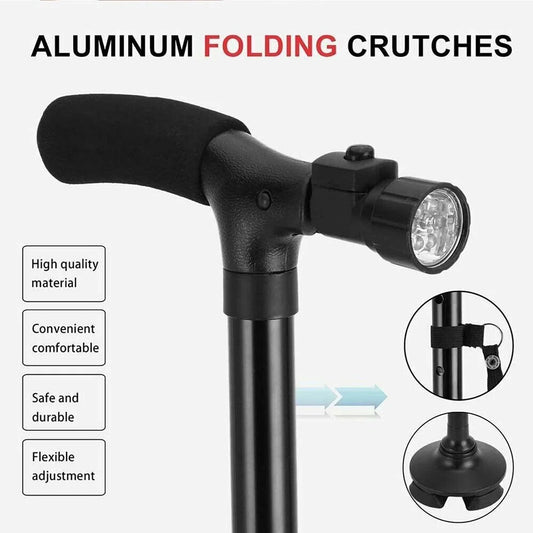 Black aluminum folding crutch with flashlight on a white background, featuring text about its features.

