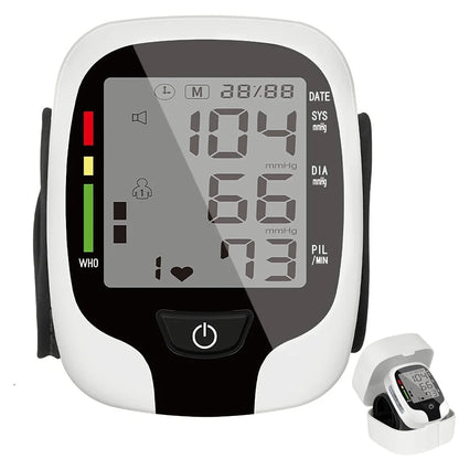 Digital blood pressure monitor with a white and black design on a white background

