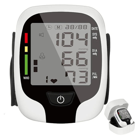 Digital blood pressure monitor with a white and black design on a white background

