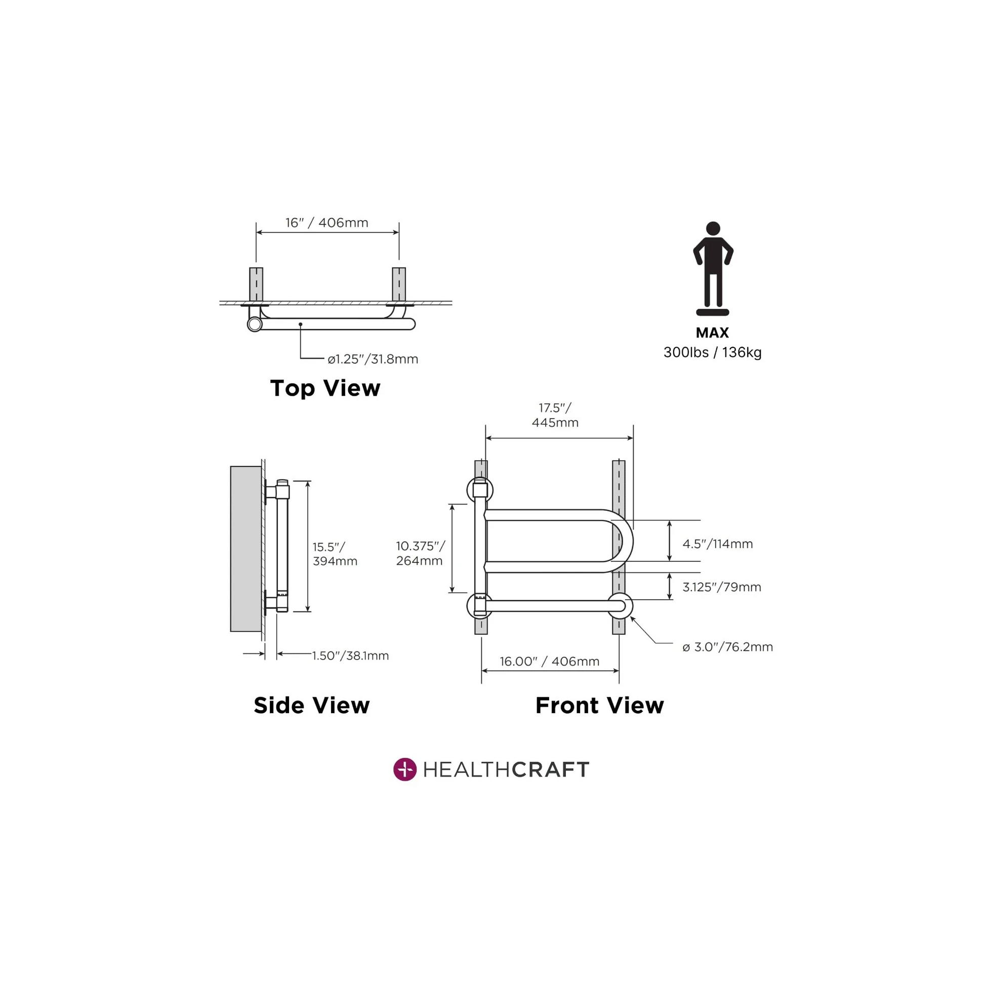 Technical drawings of a product with dimensions labeled, featuring the Healthcraft brand.
