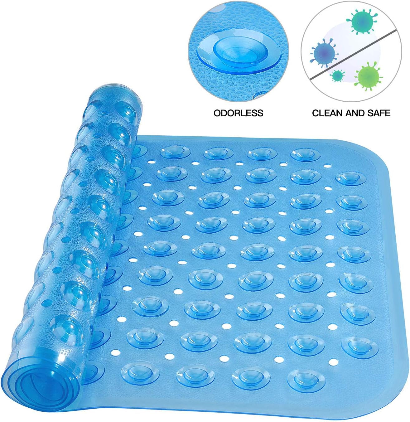 Blue Antibacterial and non-slip mat with features 'Odorless' and 'Clean and Safe' on a white background

