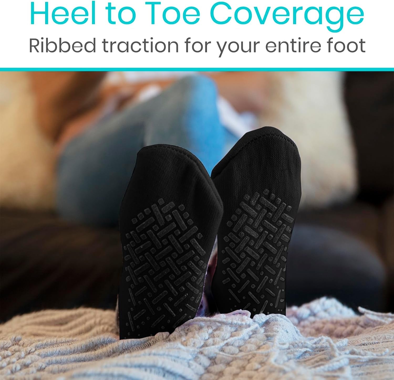 Black socks with ribbed traction pattern on a blurred background