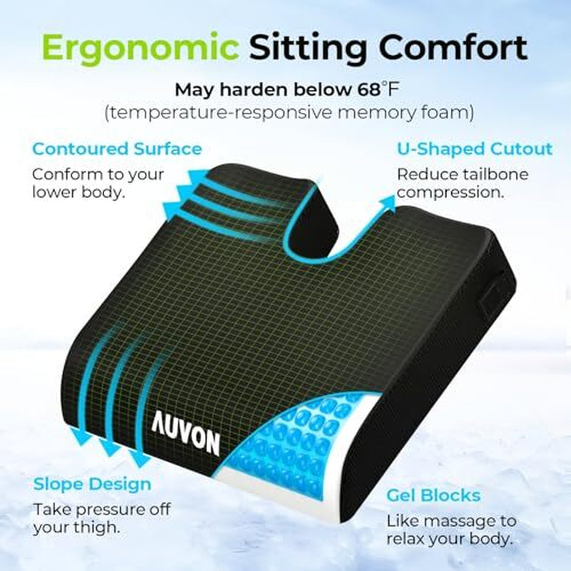 AUVON ergonomic sitting comfort cushion with features highlighted on a blue background

