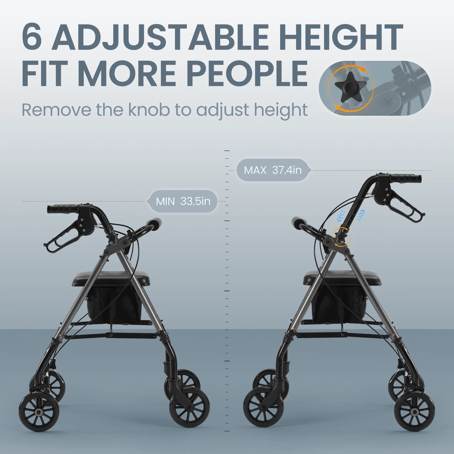 Adjustable height walker with measurement details on a light blue background