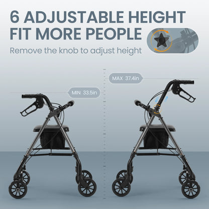 Adjustable height walker with measurement details on a light blue background