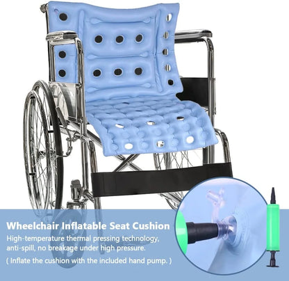 Wheelchair with an inflatable seat cushion and hand pump on a white background

