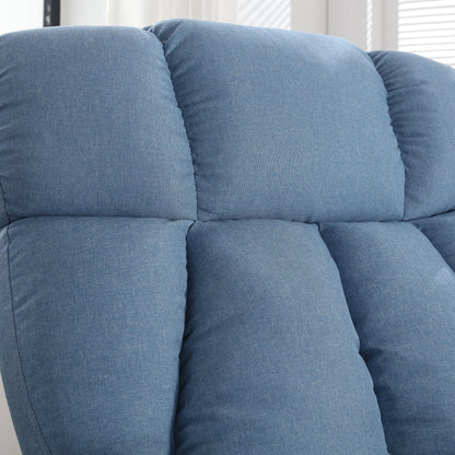 Close-up of a blue upholstered chair with a neutral background