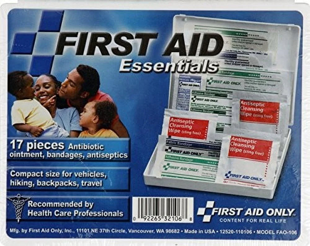 First Aid Essentials kit packaging with family illustration and product display.

