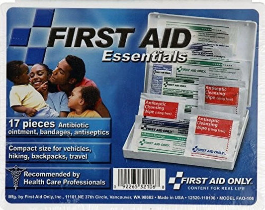 First Aid Essentials kit packaging with family illustration and product display.

