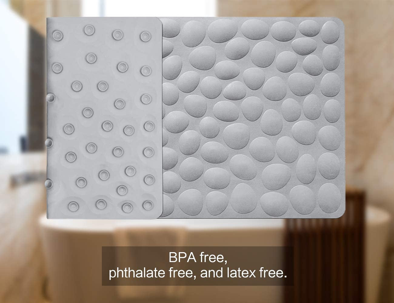 Two gray textured mats with a blurred bathroom background